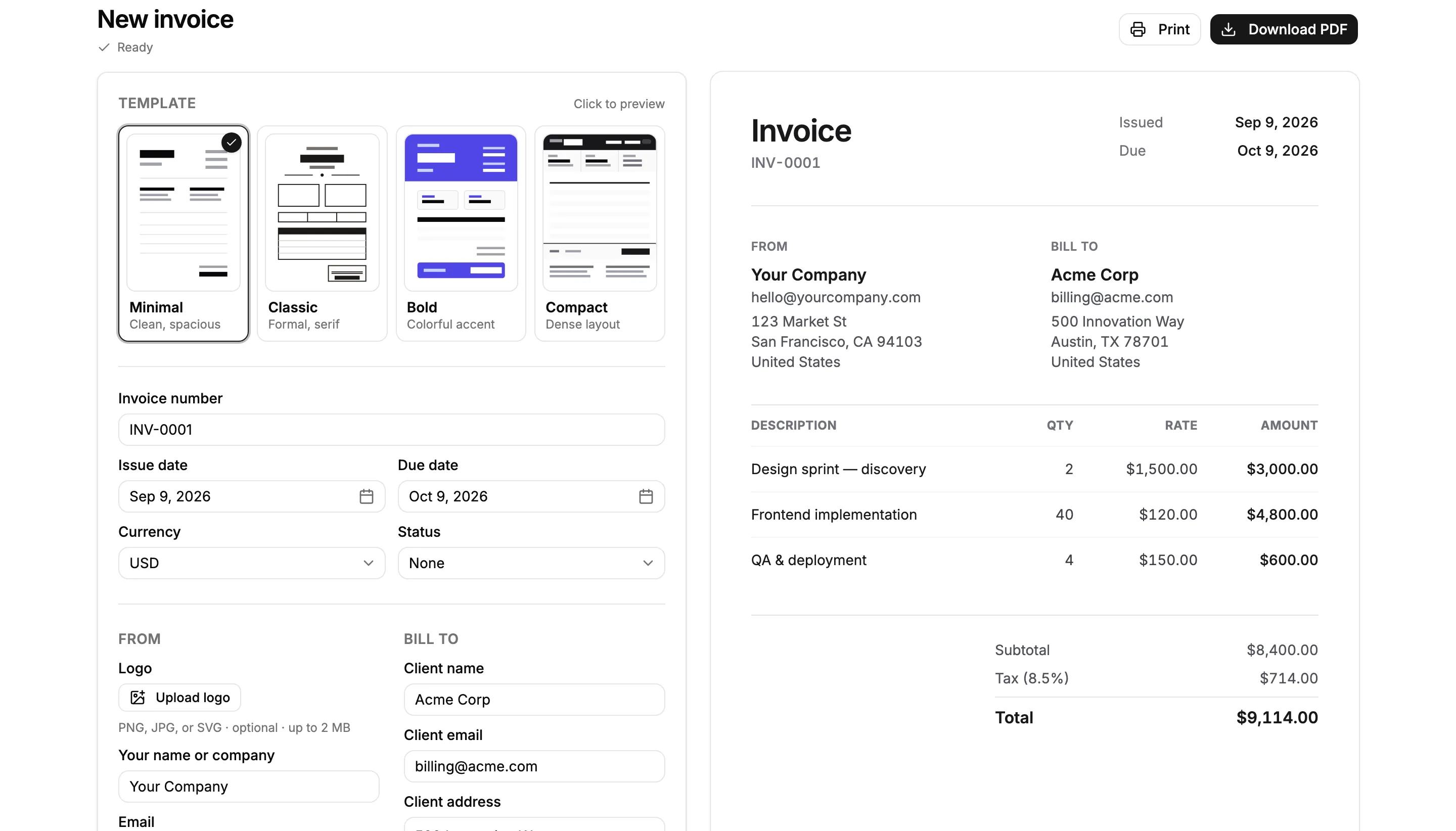 Easy Invoice Generator editor with template choices on the left and a live invoice preview on the right