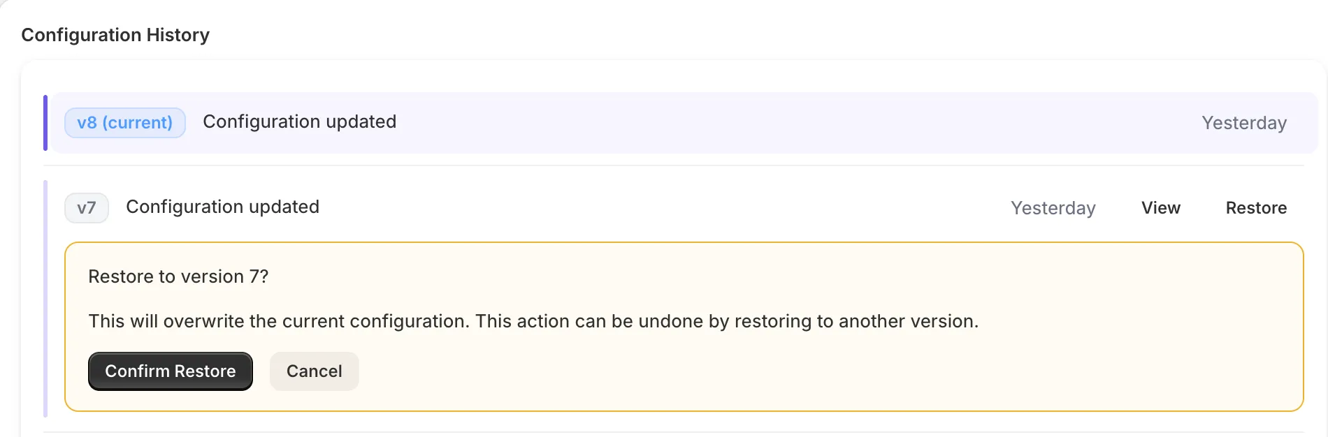 Version history with restore functionality