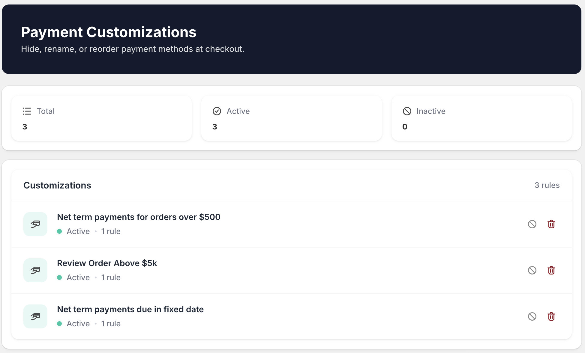 Payment customization rules